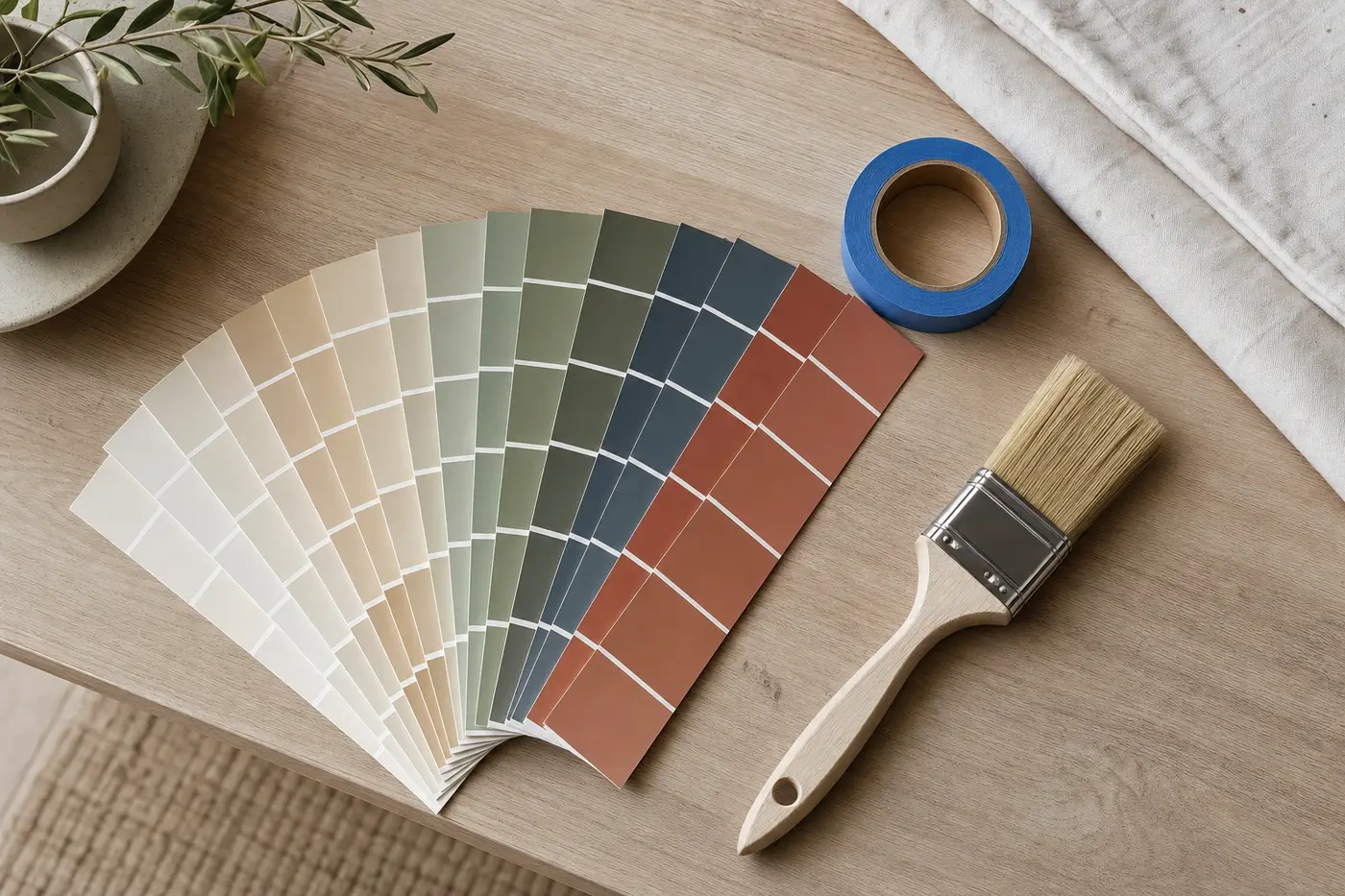 Illustrative paint color swatches in neutral, blue and green tones
