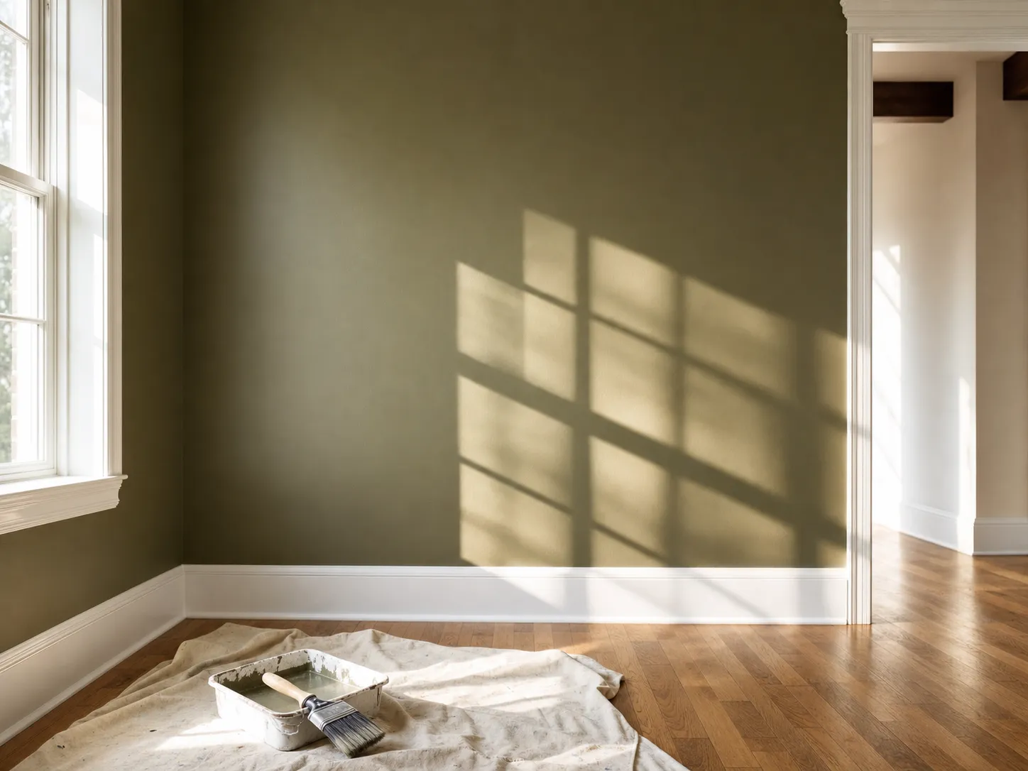 Illustrative room color scheme with olive walls and white trim, not a Trinity Homecraft project